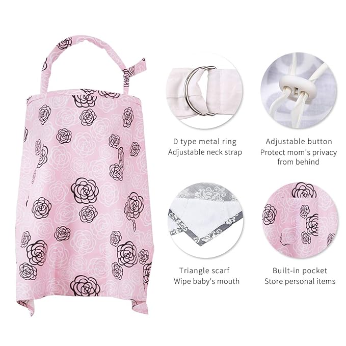 SONARIN Stylish Premium Breastfeeding Nursing Covers,Flower Pattern,with Storage Bag & Towel Corners,4 in 1 Multifunction,Nursing Scarf,Breathable & Lightweight(Pink)