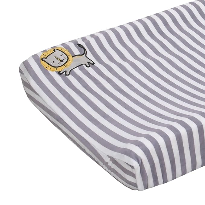 Little Love by NoJo Roarsome Lion - Grey, White Stripe Plush Changing Pad Cover with Yellow Lion Applique, Grey, White, Yellow