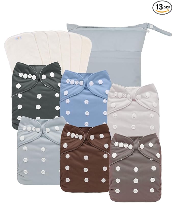 babygoal Cloth Diapers Pack of 13, Baby Reusable Washable Pocket Nappy, 6pcs Diapers+6pcs Rayon from Bamboo Inserts+Wet Bag