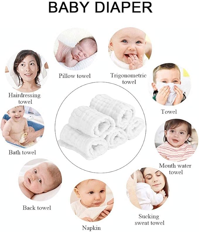 5 Pcs Baby Newborn Cotton Diaper Breathable Nappy Diapers Newborn Multifunction Washable Reusable Bath Hairdressing Towel for Children Infant Toddlers(White)