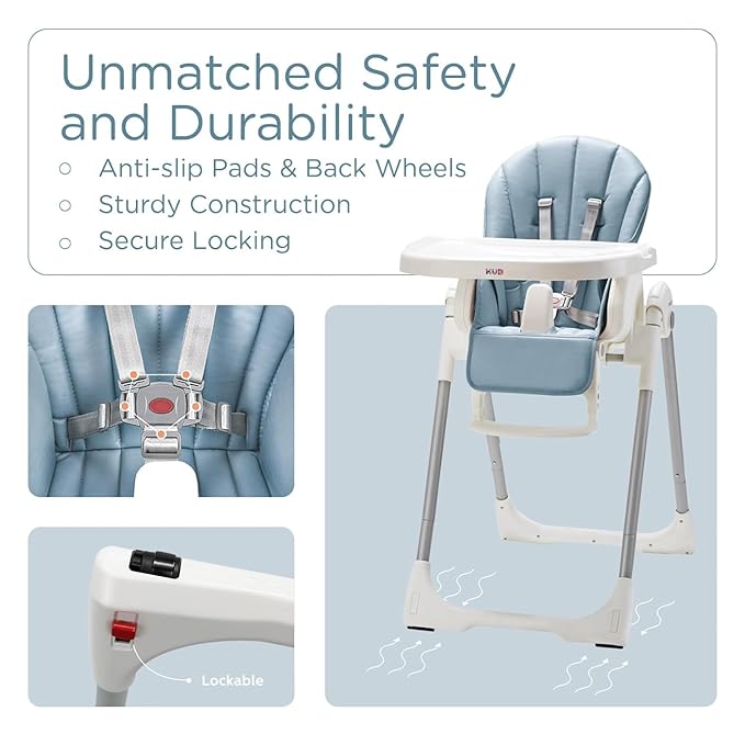 KÜB 3-in-1 Foldable Baby High Chair | Multifunctional Infant High Chairs for Babies and Toddlers | Removable Seat & Tray for Easy Clean | 7 Height & 4 Recline Adjustable | 2 Locking Wheels(Blue)