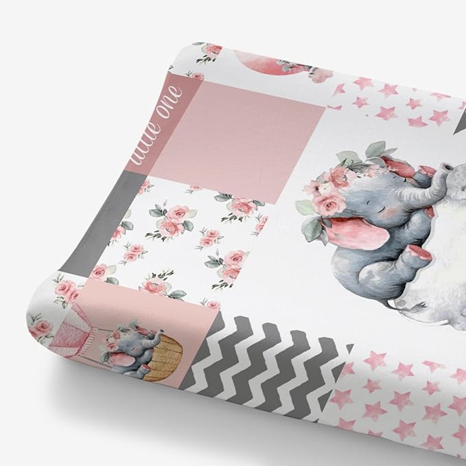 HawSkgFub Sleeping Elephant Floral Changing Pad Cover for Baby Girls Pink, Dream Big Little One Flower Diaper Change Table Covers, Soft Stretchy Safe Snug Fitted Changing Mat Sheets Fit 32"/34" x 16"