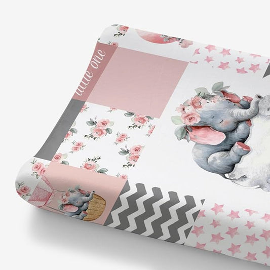 HawSkgFub Sleeping Elephant Floral Changing Pad Cover for Baby Girls Pink, Dream Big Little One Flower Diaper Change Table Covers, Soft Stretchy Safe Snug Fitted Changing Mat Sheets Fit 32"/34" x 16"