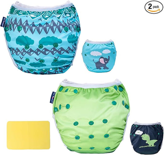 EZ Moms Baby Swim Diapers Reusable 2Pcs Large Size Snap Adjustable Washable One Size Toddler Swim Diaper with a Shammy Towel for Baby Boy Water Diaper Waterproof Swimming Diapers for Swimming Lessons