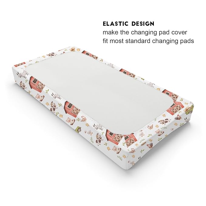 Baby Farm Life Changing Pad Cover for Boy Girl 32''x16'' Farm Animals Pig Goat Horse Cow Chick Rooster Duck Leaves Barn Truck Fitted Changing Pad Sheets Soft Breathable Diaper Change Table Mats