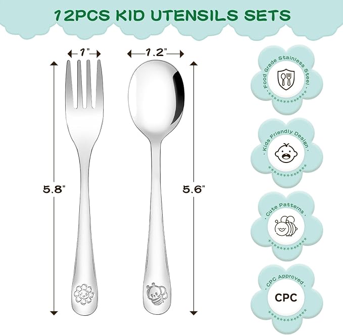 Stainless Steel Toddler Utensils Set - 12 Pieces Kids Silverware Set Children Safe Food Grade Small Forks and Spoons Dishwasher Safe Mirror Polished