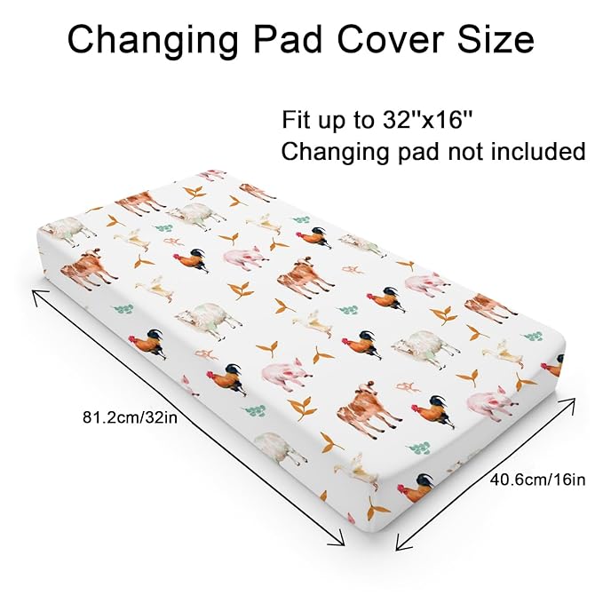 Watercolor Farm Animals Changing Pad Cover Cow Lamb Chicken Pig Hen Duck Sunflowers Leaves Diaper Change Table Cover Sheets for Boys Girls Soft Stretchy Fitted Changing Mat Sheets