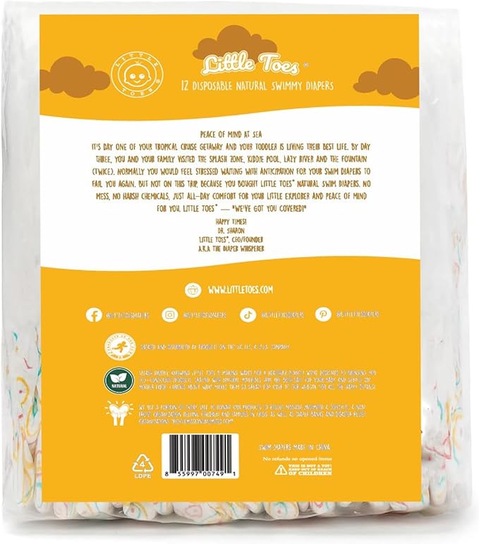 Little Toes Premium Natural Disposable Swim Diapers, Size 3-4 Medium (20-30 lbs) (12 Count) | Baby Disposable Swim Diapers | Hypoallergenic, Chlorine & Fragrance-Free | Gentle on Sensitive Skin