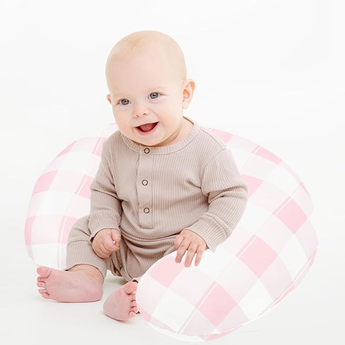 DILIMI Nursing Pillow Cover, Stretchy Removable Case for Breastfeeding Pillows, Ultra Soft Comfortable Slipcover for Baby Girl and Boy, Pink Checkered