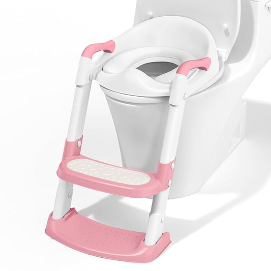 COOSEYA Potty Training Toilet with Step Stool Ladder, Toddler Kids Potty Training Seat for Boys Girls, Foldable Anti-Slip Toilet Toddler Seat Splash Guard Soft Cushion Safety Handles (Pink)