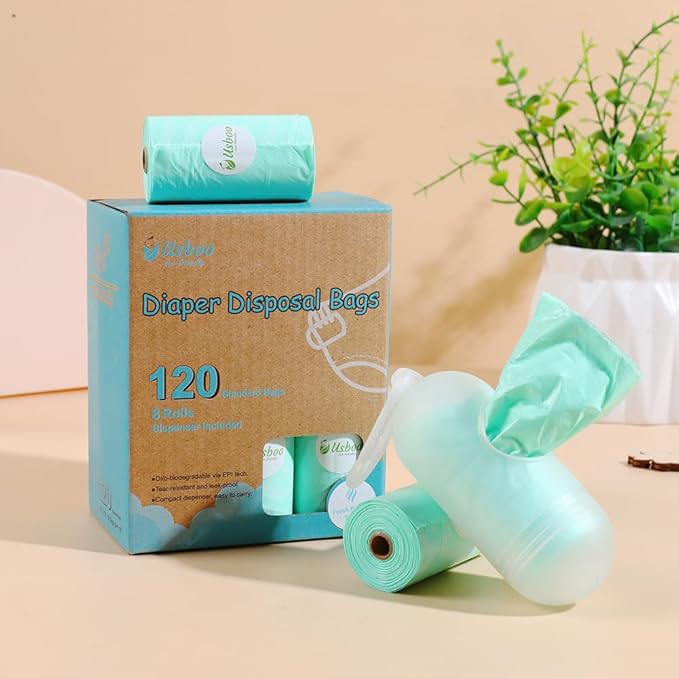 USBOO Diaper Bags Disposable for Baby - Fresh Powder Scent, 8 Refill Rolls (120 Pack) Diaper Trash Bags with Dispenser, Diaper Bag Accessory