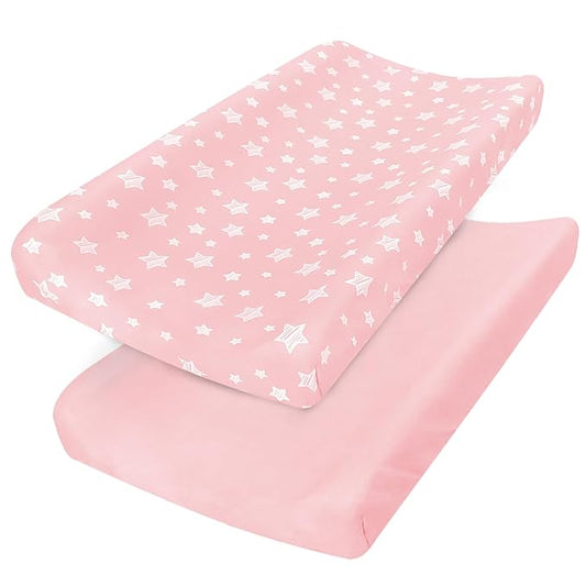 Changing Pad Cover for Girls 2 Pack, Lovely Print Soft Diaper Change Table Sheets, Fit 32"x16" Contoured Pad, Comfy Cozy 2-Pack Cradle Sheets,Pink&Pink Stars