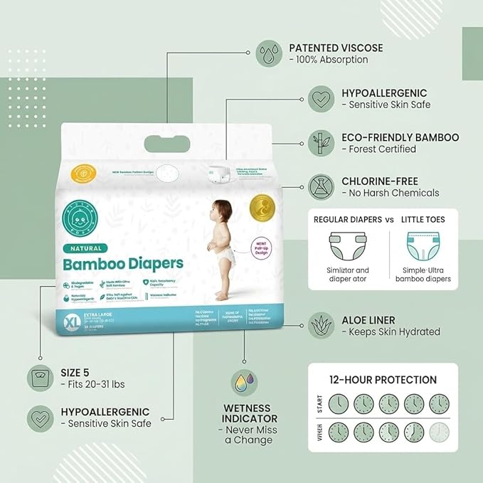 Little Toes Natural Bamboo Disposable Baby Diapers - Hypoallergenic, Sensitive Skin Safe, Patented Viscose, Day & Overnight 100% Absorbency and Leak Protection, Eco Friendly (Size 5 X-Large 36 Count)