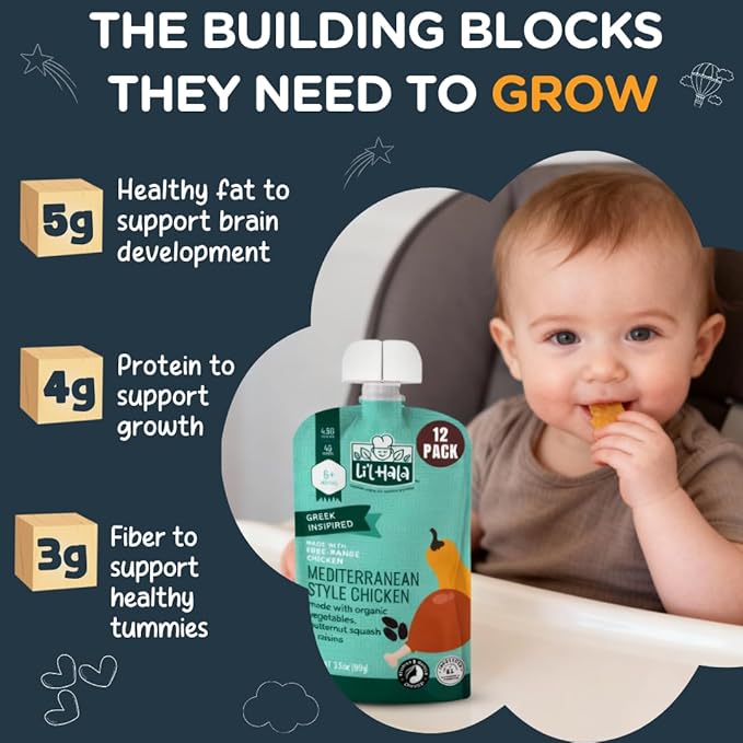 Li’l Hala Baby Food Chicken Pouch | Mediterranean (12ct) | 6+ Months Baby Food Pouches with Protein and Organic Veggies, Nutrient Packed Toddler Snacks with Iron & Fiber | Stage 2 Baby Food Meat Puree