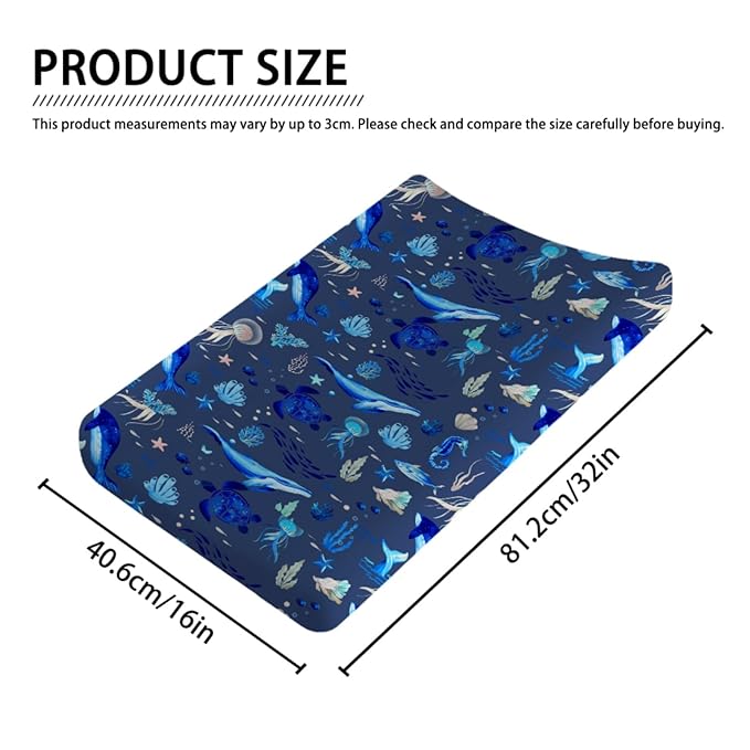 Nautical Animals Life Changing Pad Covers Sea Turtle Whale Jellyfish Sea Horse Weeds Unisex Diaper Change Table Sheets for Boys Girls Soft Breathable Stretch Changing Pad Sheets 32''x16'' Navy