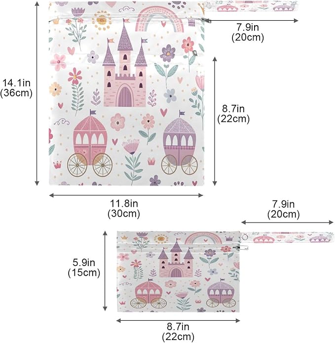 2 Pack Princess Castle Pink Cloth Diaper Wet Dry Bags,Waterproof Reusable Wet Bag with Two Zipper Pockets& Handle,Washable for Swimming,Travel,Beach,Pool or Wet Clothes
