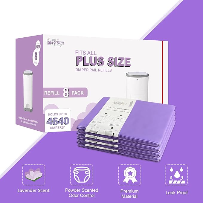 USBOO Refills Compatible with Dekor Plus Diaper Pail,8 Pack Disposable Diaper Pail Refills, Easy to Replace and Dispose Diaper Trash Bags, Holds up to 4640 Diapers,Lavender Scent