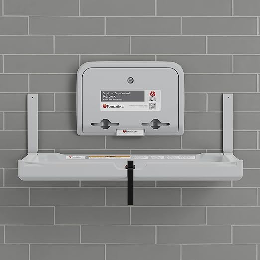 Foundations Elements Horizontal Wall Mounted Baby Diaper Changing Station & Liner Dispenser, Oversized Changing Surface, One Person Installation, Gray (300-EHLD-01)