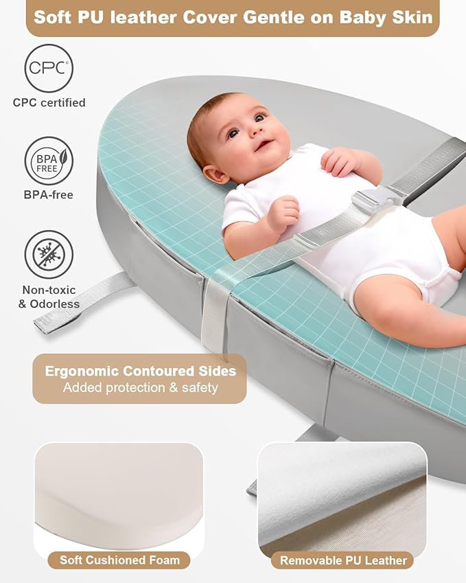 Baby Changing Pad with Waterproof & Wipeable PU Cover, Contoured Diaper Changing Pads for Dresser with Non-Slip Safety Belt, Portable Lightweight Changing Mat, Gray