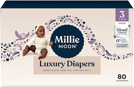 Millie Moon Luxury Disposable Baby Diapers Size 3 I 80 Count I, Ultra Soft Comfort, Absorbent Core for Day & Night Use, Wetness Indicator, Gentle Materials, Secure Fit