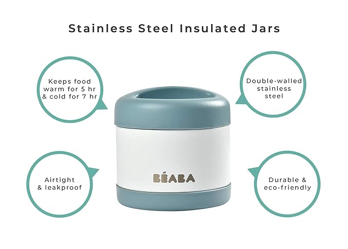 Beaba Stainless Steel Insulated Food Jar 16 oz, Kids Thermos, Lunch Containers, Leakproof, Wide Opening, Suitable for Hot and Cold Foods (Cloud)