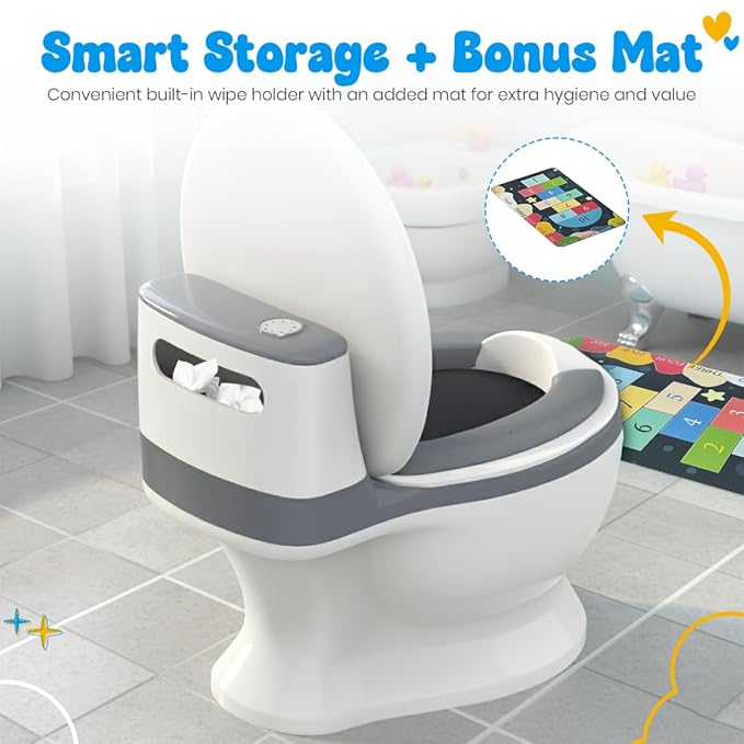 Toddler Potty Training Toilet with Diatomaceous Earth Mat – Realistic Toilet for Toddlers with Lid, Splash Guard & Non-Slip Base – Baby Potty Training Toilet with Bonus Tic-Tac-Toe Play Mat