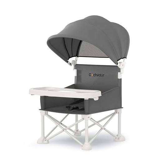 Cochildor 4-in-1 Portable Baby Chair, Foldable Toddler Booster Seat with Removable Tray, Canopy & Safety Harness, Gray