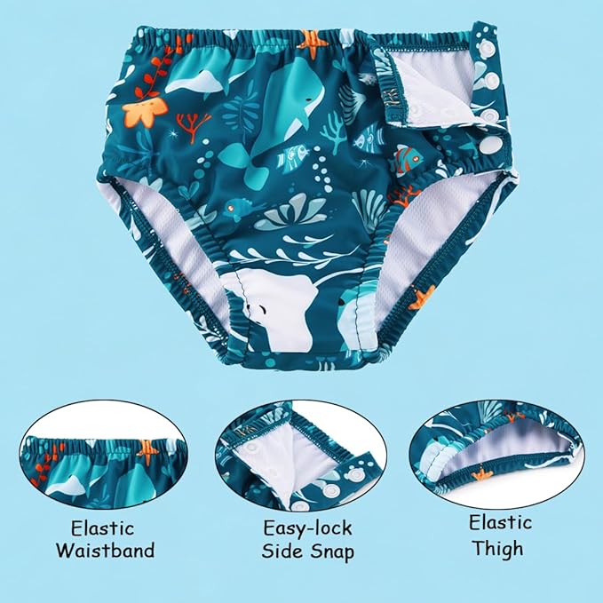 Baby Swim Diapers Reusable Washable Infant Diaper Swimsuit with Side Snap UPF 50+ Sun Protection for Pool Beach(6-12 Months,Whale)