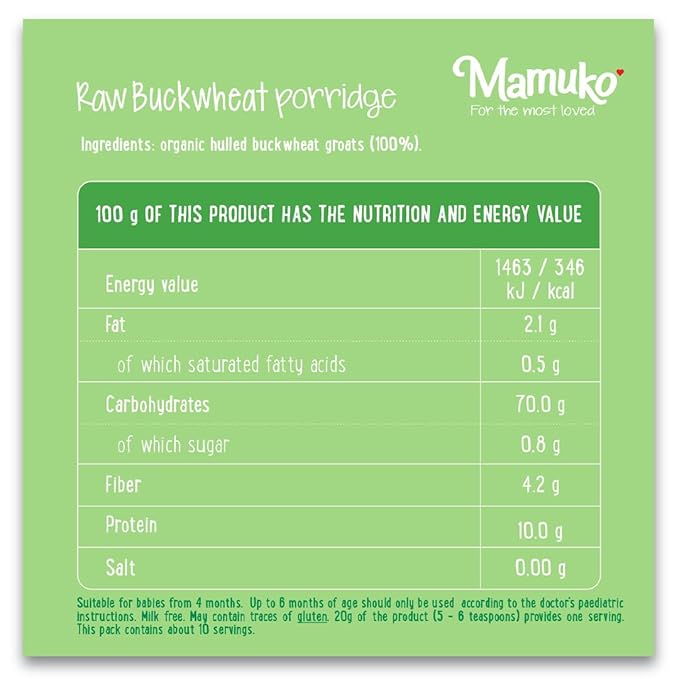MAMUKO Organic Raw Buckwheat Porridge - High Fiber Porridge with No Added Sugar, Milk & Preservatives - Vegan Porridge Ideal for Little Ones from 4+ Months - (200g - 10 Servings)