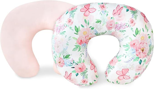 2 Pack Nursing Pillow Covers, Stretchy Removable Breastfeeding Pillow Covers for Baby Girl Newborn, Super Soft Fabric, Only Covers (Pink & Floral)
