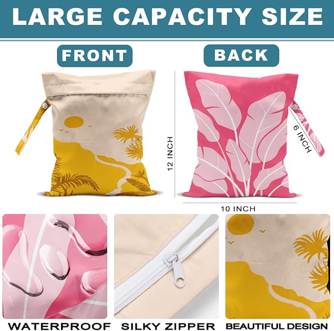 ZHAMEN 2Pcs Wet Bag, Wet Dry Bag Reusable with Zipper, Travel, Beach, Pool, Diapers, Dirty Yoga Gym Clothes, Makeup Bag, Waterproof Wetdry Packing, Pink Leaves Dusk Decore (12x10 Inch)