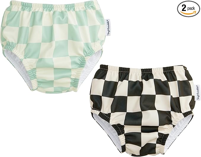 Tiny Twinkle Pull-Up Reusable Swim Diapers 2-Pack | Waterproof and UPF 50+ Sun Protection | Lightweight and Absorbent | Machine Washable(Sage,Black Checkers,6-12M)