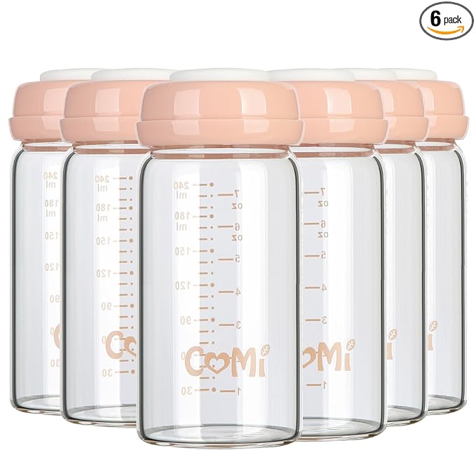 COMI Wide Neck Glass Breastmilk Collection n Storage Bottle, 8oz with Screw Ring Sealing Disk; Re-markable Sealing Disc. BPA Free, Fits Breast Pumps & Nipples (6 Pink Lids)