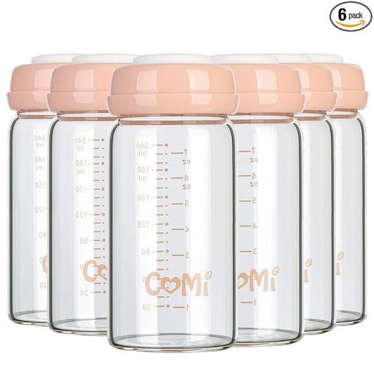 COMI Wide Neck Glass Breastmilk Collection n Storage Bottle, 8oz with Screw Ring Sealing Disk; Re-markable Sealing Disc. BPA Free, Fits Breast Pumps & Nipples (6 Pink Lids)