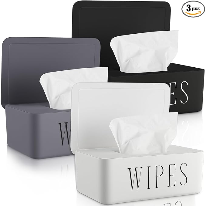 3 Pack Baby Wipes Dispenser Holder Wipe Container for Bathroom with Lid Toilet Tissue Paper Storage Refillable Box for Home Office Cars(Small,Black, White, Gray)