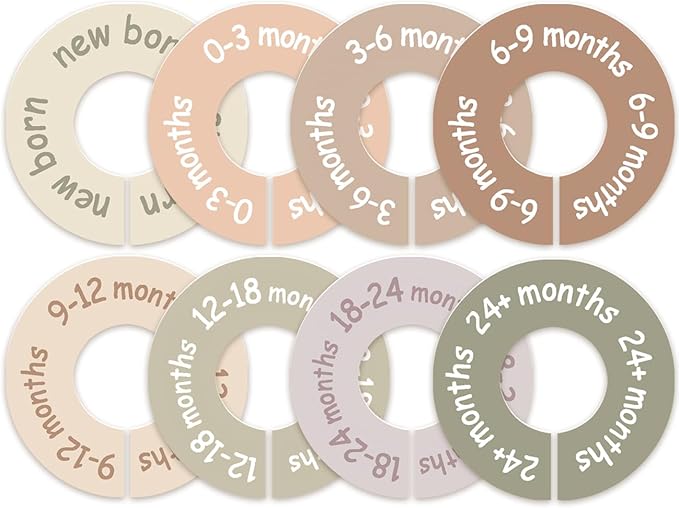 cephira Baby Closet Dividers for Clothes – Earth Tone Round Baby Clothes Dividers for Closet Rod, Nursery Closet Organizer & Decor, Clear Labels for Easy Sorting, Fits Most Rods