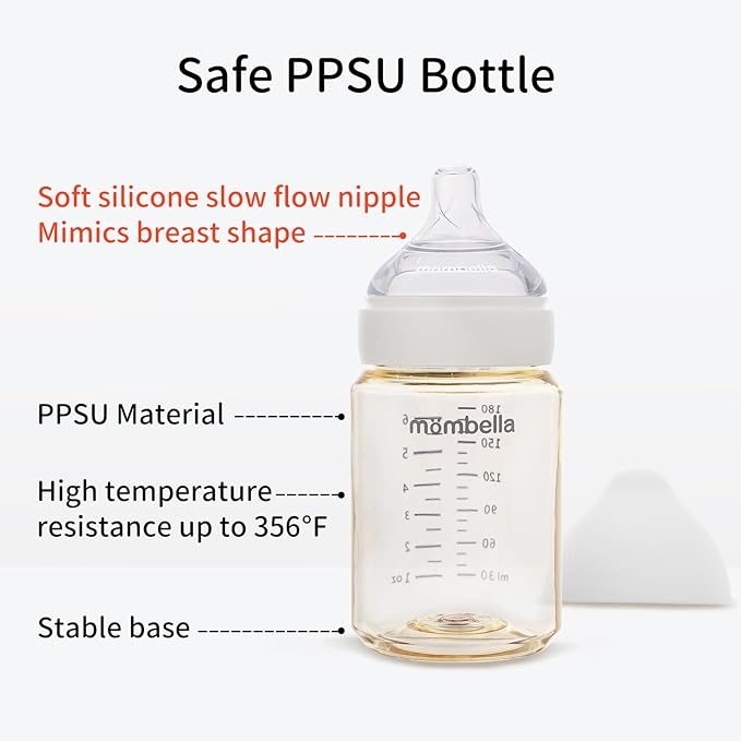 Mombella PPSU Baby Bottles 6oz, Anti Colic Baby Bottle with Slow Soft Silicone Nipple, Milk Bottle for Newborn 0+ Months, Feeding Bottle for Breastfeeding Baby, Ivory
