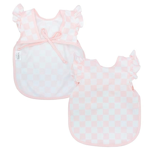 BapronBaby Pink Flutter Checkerboard Bapron - No Neck Tie Safer Bib for Baby & Toddler - Soft Waterproof Stain Resistant - Machine Washable - Sz Baby/Toddler 6m-3T