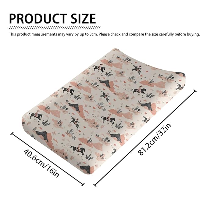 Cartoon Western Cactus Horse Mountains Hearts Baby Changing Pad Cover, Unisex Western Nursery Diaper Changing Table Pad Mat Sheet for Girls-16x32