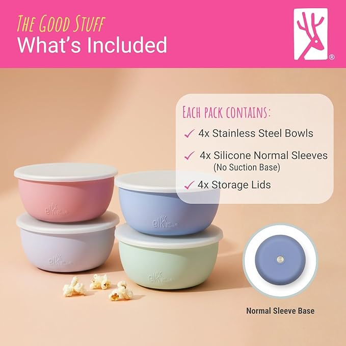 Elk and Friends Stainless Steel Bowls + Silicone Sleeve and Storage Lid | Baby, Toddler, Kids | Cereal & Snack Bowls | Storage Containers | Dishwasher Safe | 4 Pack
