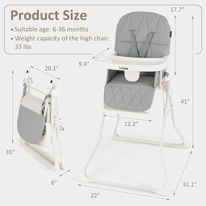 INFANS Baby High Chair, Quick Folding Portable Highchair for Babies and Toddlers with Adjustable Footrest Removable Dishwasher Tray PU Seat, Compact Highchairs for Baby Age 6-36 Months