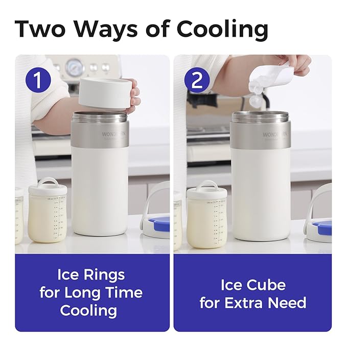 Portable Breast Milk Cooler, 4 Ice Rings, 360°Cooling with Vacuum Lid, Safe Chill for 30H+, 22oz Large Capacity with 2 Bottles, Rapid Chill to 40℉, Extra Wide Opening, Ideal for Work & Travel