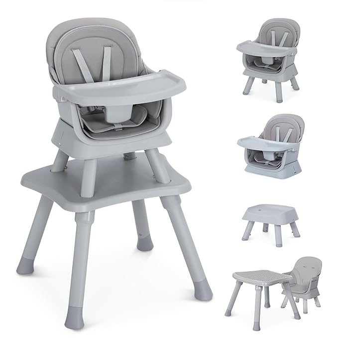 Baby High Chair, 8 in 1 Convertible Highchair, Booster Seat, Building Block/Activity Table, Stool, Feeding Chair with Dishwasher-Safe Tray, High Chairs for Babies and Toddlers (Gray)