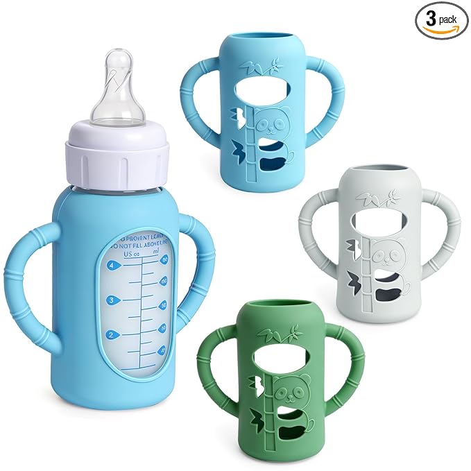 3 Pack Silicone Sleeves for Dr. Brown's Glass Bottles 4 OZ - Anti Breakage Baby Bottle Holder, Compatible with Dr. Brown's Glass Bottles for Babies with Handle(Not Compatible with Other Products)