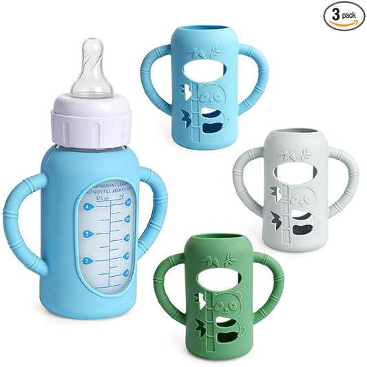 3 Pack Silicone Sleeves for Dr. Brown's Glass Bottles 4 OZ - Anti Breakage Baby Bottle Holder, Compatible with Dr. Brown's Glass Bottles for Babies with Handle(Not Compatible with Other Products)