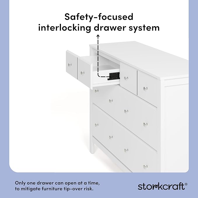 Storkcraft Horizon 6 Drawer Dresser (White) – GREENGUARD Gold Certified Dresser for Nursery & Kids’ Room, Modern Storage with Interlocking Drawer System
