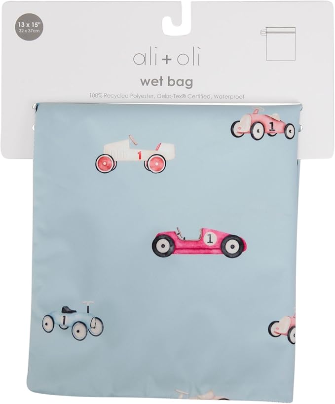 Ali+Oli Water Resistant Dual-Compartment Wet-Dry Bag for Travel, Hook to Stroller, Daycare, Diapers, Diaper Bag, Clutch Bag,15x12 inches (Retro Cars)