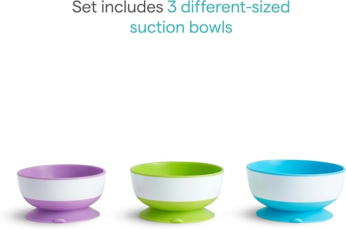 Munchkin Stay Put Suction Bowls for Baby and Toddler, 3 Pack, Blue/Green/Purple