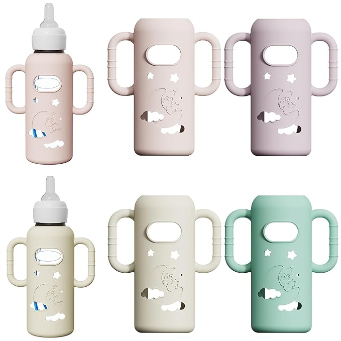 4 Pack Silicone Sleeves for Dr Brown's Glass Bottles, Drop Protection Bottle Sleeves with Handles, Anti Breakage Baby Bottle Protector Compatible with Dr. Brown's Newborn Glass Bottles,8 oz