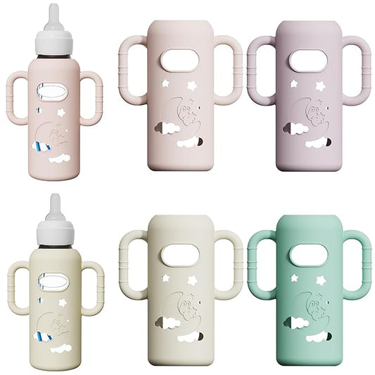 4 Pack Silicone Sleeves for Dr Brown's Glass Bottles, Drop Protection Bottle Sleeves with Handles, Anti Breakage Baby Bottle Protector Compatible with Dr. Brown's Newborn Glass Bottles,8 oz